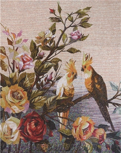 Roses and Birds Glass Mosaic Art Medallion Design