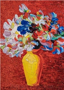 Roses on a Yellow Vase Glass Mosaic Art Medallion Design