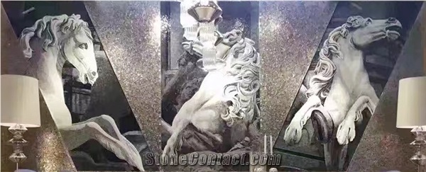 Three Horses Statue Glass Mosaic Art Medallion
