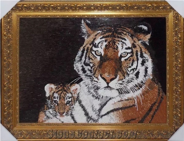 Tiger with Small Kid Glass Mosaic Artworks Medallion Animal