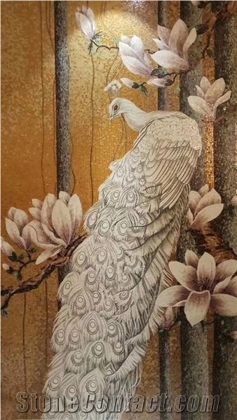 White Peacock with Yellow Background Glass Mosaic