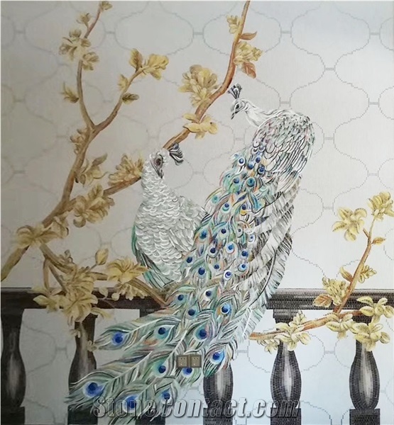 White Peacock with Yellow Trees Glass Mosaic Art Medallion