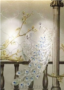 White Peacocks as Background Glass Mosaic Art Medallion