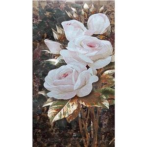 White Roses Glass Mosaic Art Medallion Design