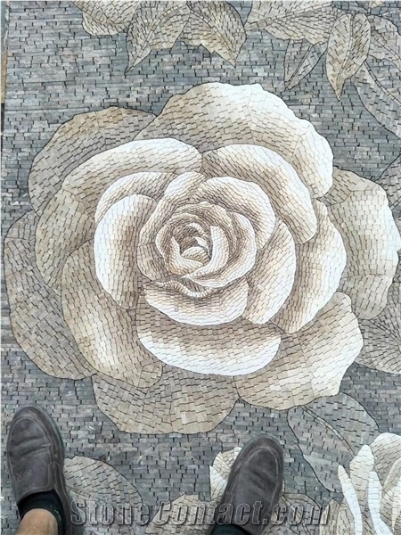 White Roses on a Vase Glass Mosaic Art Medallion Design
