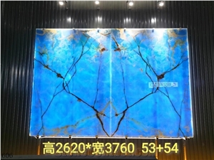 Pakistan Blue Ice Onyx Slab Wall Tiles Decoration Bookmatch