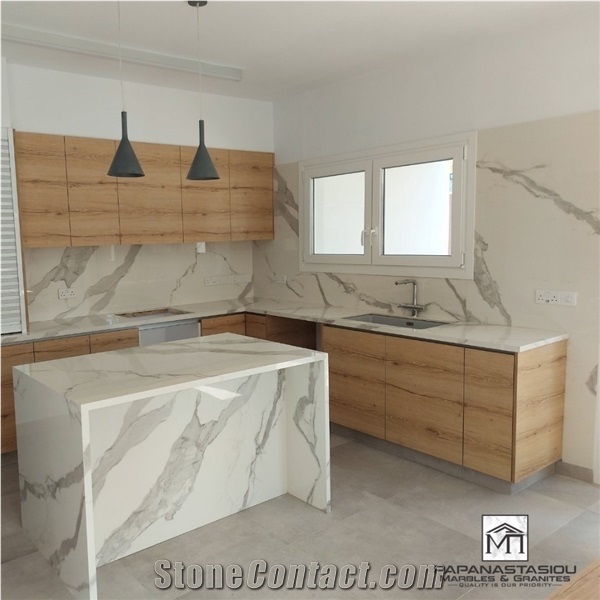 Classic Statuario Marble Kitchen Countertop, Island Top