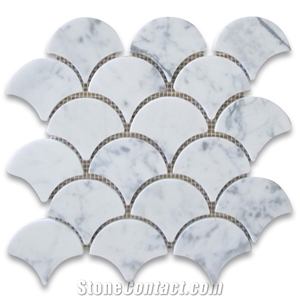 White Marble Mosaic Grand Fish Scale Fan Shaped
