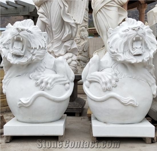 Outdoor Life-Sized Marble White Marble Stone Sculpture Lions