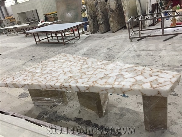 Luxury Natural White Quartz Agate Semiprecious Table Tops