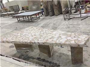 Luxury Natural White Quartz Agate Semiprecious Table Tops