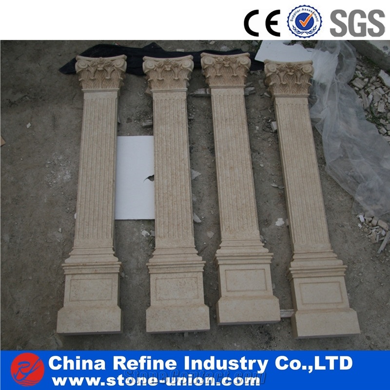 Square Beige Limestone Carving Construction Columns