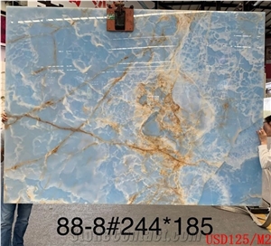 Blue Onyx Aqua Gold Agate Slab Tile for Wall Back Use