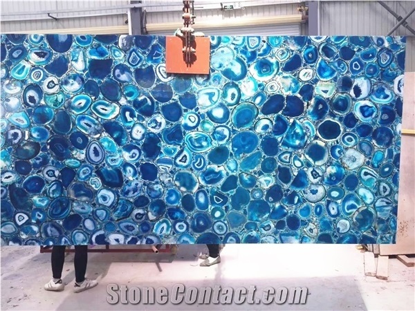 Blue Semi Precious Agata Stone Round Cafe Table Tops Design
