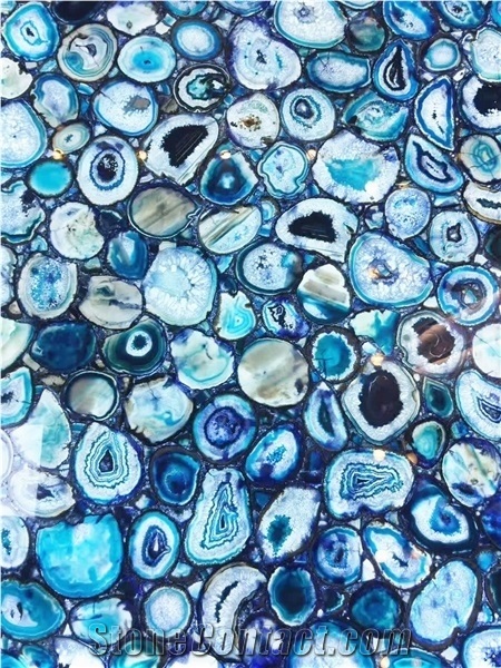 Blue Semi Precious Agata Stone Round Cafe Table Tops Design