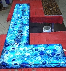 Blue Semi Precious Agata Stone Round Cafe Table Tops Design