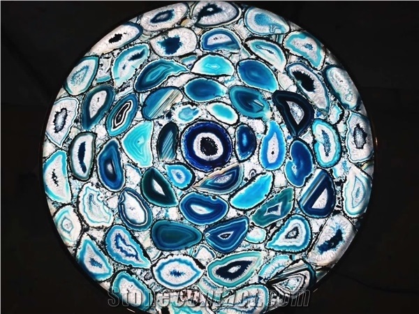 Blue Semi Precious Agata Stone Round Cafe Table Tops Design