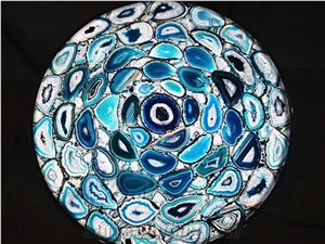 Blue Semi Precious Agata Stone Round Cafe Table Tops Design