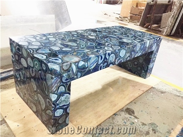 Blue Semi Precious Agata Stone Round Cafe Table Tops Design