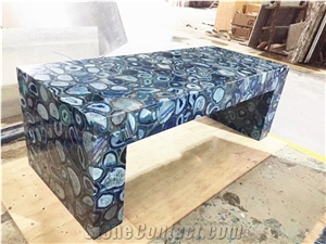 Blue Semi Precious Agata Stone Round Cafe Table Tops Design
