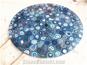 Blue Semi Precious Agata Stone Round Cafe Table Tops Design