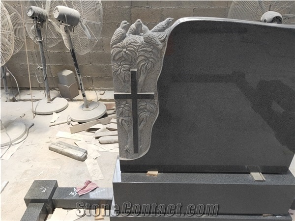 G654 Dark Grey Celtic Tombstone Gravestone with Brid Carving
