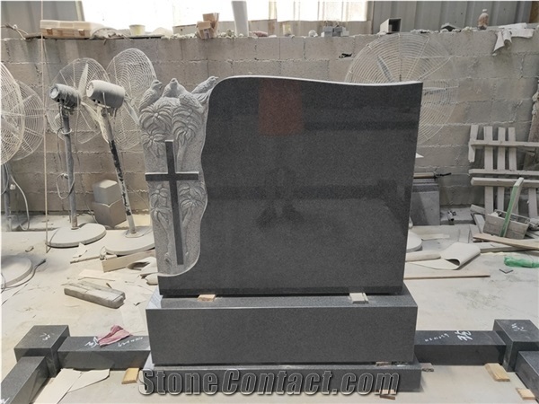G654 Dark Grey Celtic Tombstone Gravestone with Brid Carving