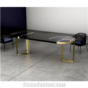 Luxury Table with Sahara Noir Marble, Wood and Satin Gold
