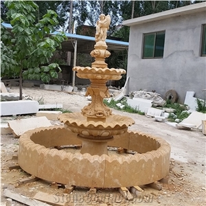 Customized Design Garden Yellow Limestone Fountain with Pool
