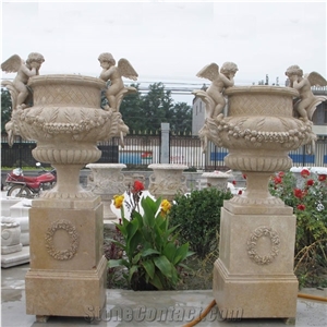 Hand Carved Outdoor Natural Marble Planter With Angel