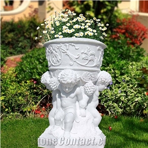 Hand Carved Outdoor Natural Marble Planter With Angel