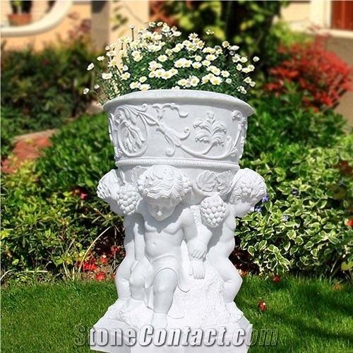 Hand Carved White Marble Garden Planters /Flower Pots