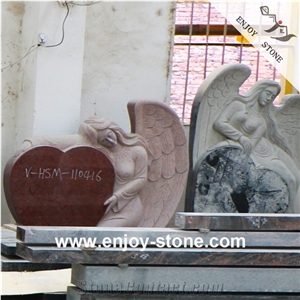 Angel & Heart Red Granite Tombstones, Headstone, Monument