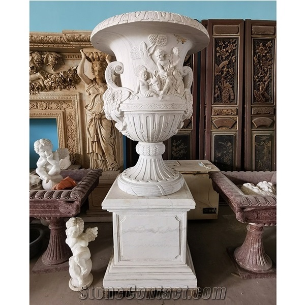 Large White Marble Outdoor Flower Pot with Figure Statues