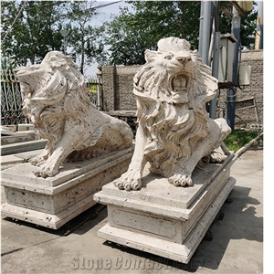 YUANDA White Stone Lion Animal Sculptures Handcrafted Marble