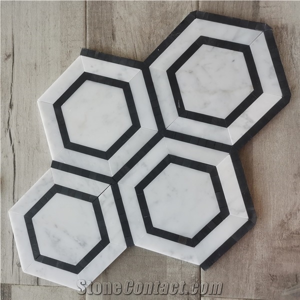 Carrara White Marble 5" Hexagon Combination Mosaic Black