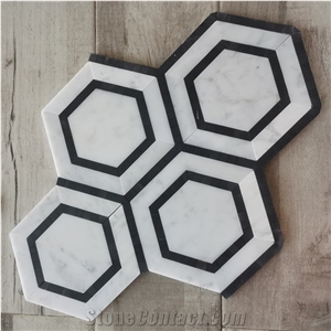 Carrara White Marble 5" Hexagon Combination Mosaic Black