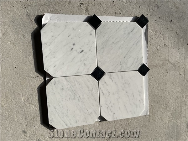 Carrara White Marble 6"X6" Black Dots Octagon Mosaic Tile