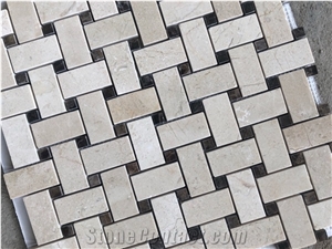 Crema Marfil Marble Black Dots Basketweave Mosaic Tile