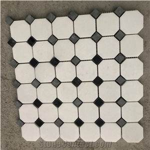 Thassos White Marble Octange With Black Dots Mosaic Tile