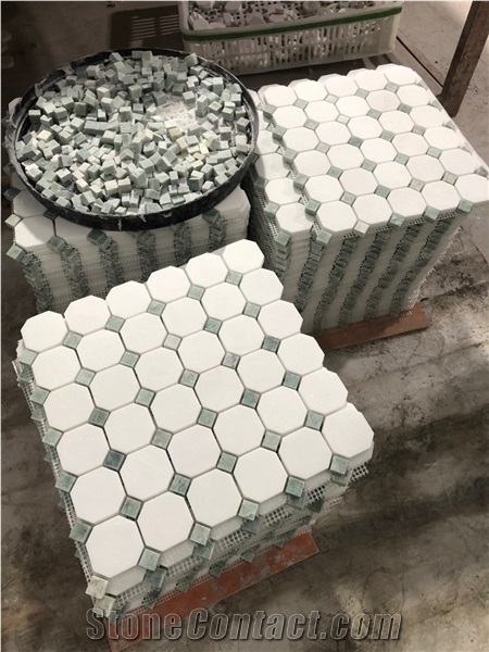 Thassos White Marble Octange With Green Dots Mosaic Tile