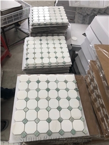 Thassos White Marble Octange With Green Dots Mosaic Tile