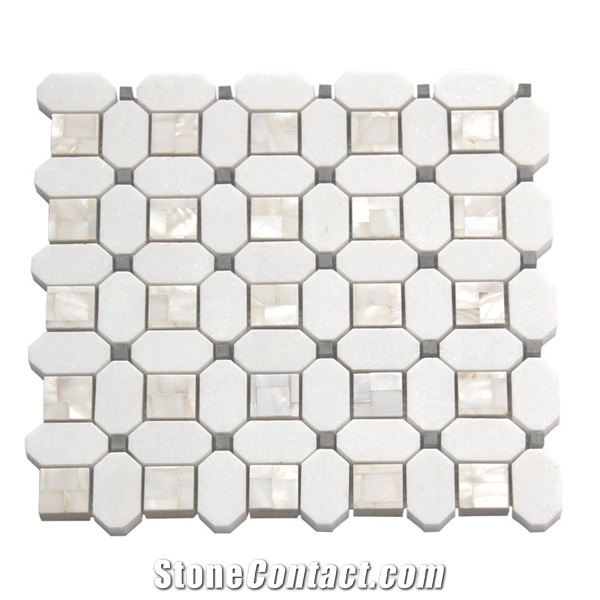 Thassos White Mixed Crema Marfil Dots Octangle Mosaic Tile