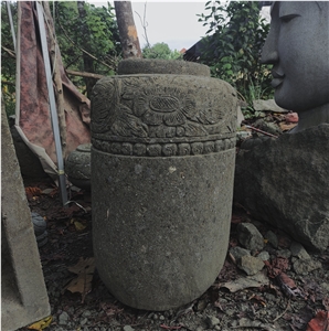 Green Stone Barrel with Sculpting Flower Pattern