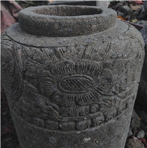 Green Stone Barrel with Sculpting Flower Pattern