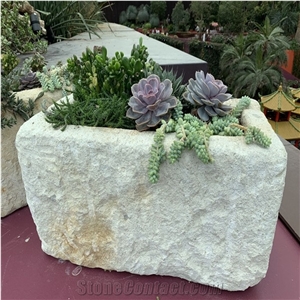 Beige Granite Circle Flowerpot,Landscaping Decor Use