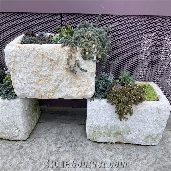 Beige Granite Circle Flowerpot,Landscaping Decor Use