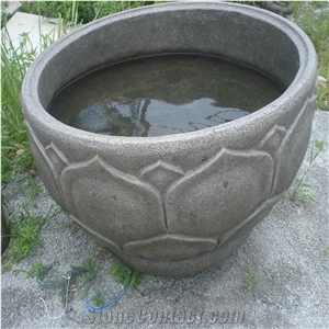 Grey Circle Granite Flowerpot,Outside Lotus Petal Carving