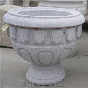 Grey Circle Granite Flowerpot,Outside Lotus Petal Carving