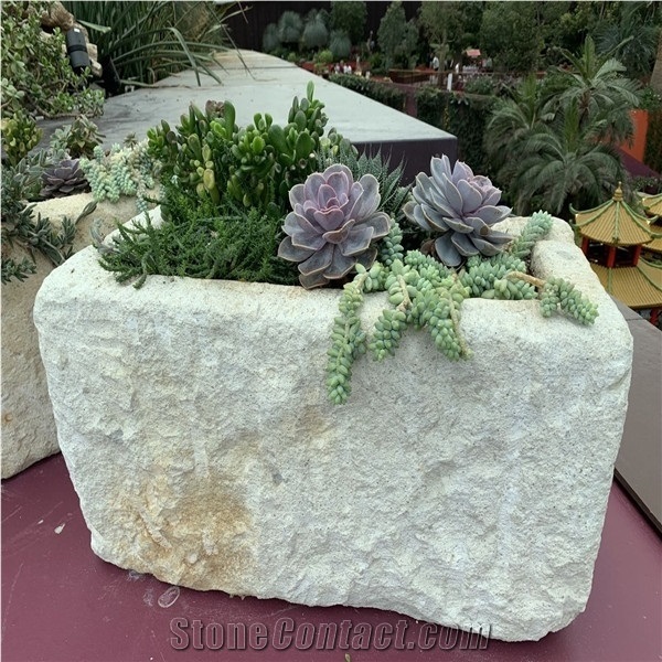 White Rectangle Granite Flowerpot, Courtyard Ornament